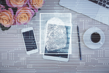 Double exposure of finger print over table with phone. Top view. Concept of mobile security.