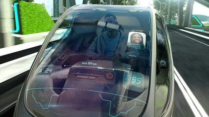 Black man riding anti gravity car and making video call