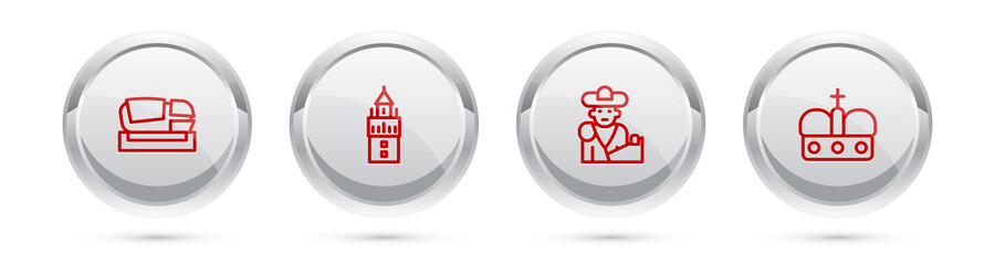 Set line Stadium Mestalla, Giralda, Bullfight, matador and Crown of spain. Silver circle button. Vector