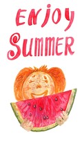 a watercolor girl with freckles and orange hair eats a watermelon and the inscription "enjoy summer" is isolated on a white background and an empty space for your text