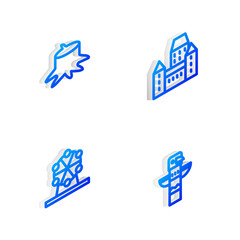 Set Isometric line Chateau Frontenac hotel, Tree stump, Ferris wheel and Canadian totem pole icon. Vector