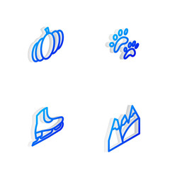 Set Isometric line Paw print, Pumpkin, Skates and Mountains icon. Vector