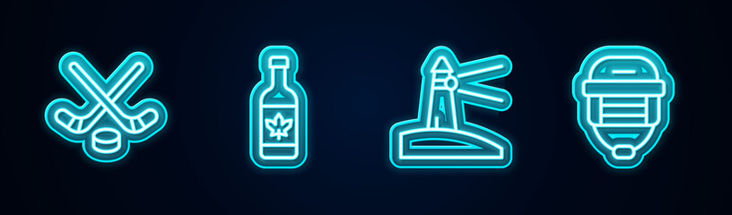 Set line Ice hockey sticks and puck, Beer bottle, Lighthouse and Hockey helmet. Glowing neon icon. Vector