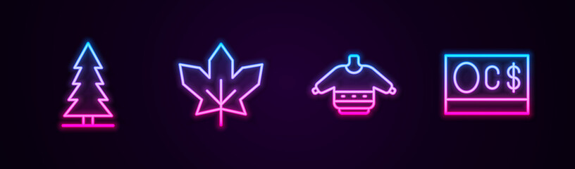 Set line Canadian spruce, maple leaf, Christmas sweater and dollar. Glowing neon icon. Vector