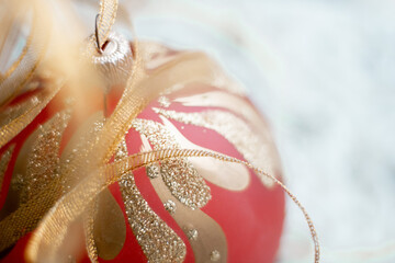 red christmas ball, background from Christmas toys. for packages or calendars