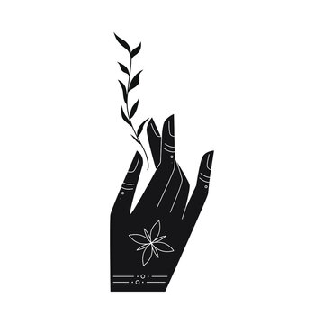 Black and white vector illustration of a hand holding flower. Logo or print concept for beaty, fashion or yoga industry. Esoteric illustration