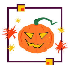 Vector illustration of a pumpkin head with leaves in a frame. Halloween. Pumpkin. Isolated.