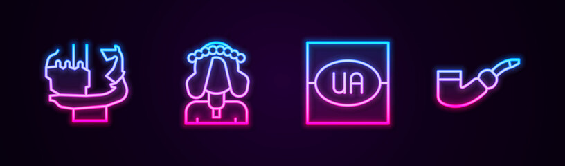 Set line Monument to founders of Kiev, Ukrainian woman, Flag Ukraine and Smoking pipe. Glowing neon icon. Vector