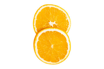 two slices of orange on a white isolated background. sliced orange