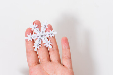 large snowflake on the hand on a white background
