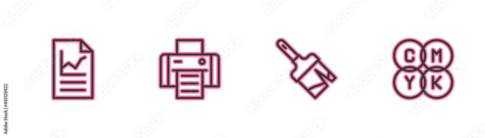 Poster set line document with graph chart, paint brush, printer and cmyk color mixing icon. vector