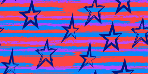 Grunge stripes with painted stars. Simpless. Fashion watercolor striped design.