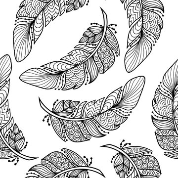 Seamless pattern with abstract zenart style feathers, coloring page