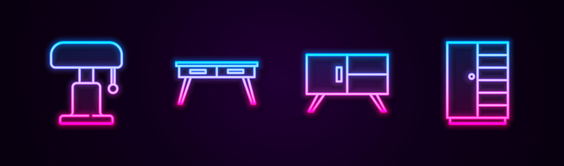 Set line Table lamp, Office desk, Chest of drawers and Wardrobe. Glowing neon icon. Vector