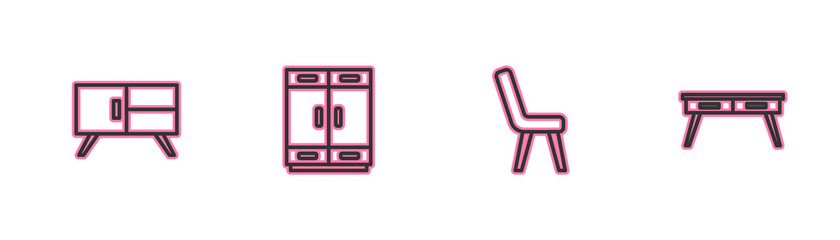 Set line Chest of drawers, Armchair, Wardrobe and Office desk icon. Vector