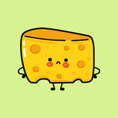 Cute sad cheese character. Vector hand drawn cartoon kawaii character illustration icon. Isolated on green background. Сheese character concept