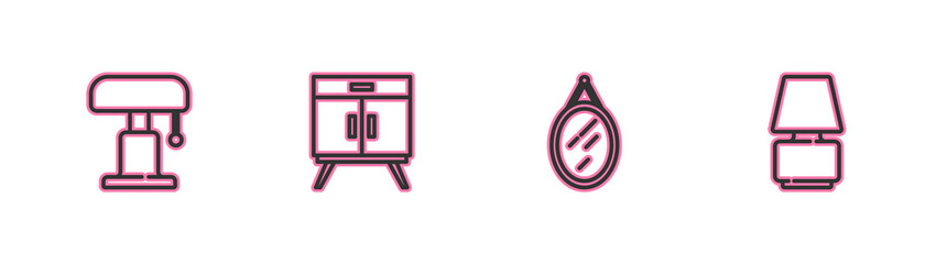 Set line Table lamp, Mirror, Chest of drawers and icon. Vector