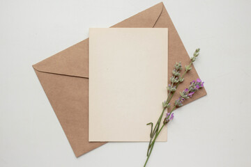 card mockup with lavender and envelope. invitation in minimalist style with flowers