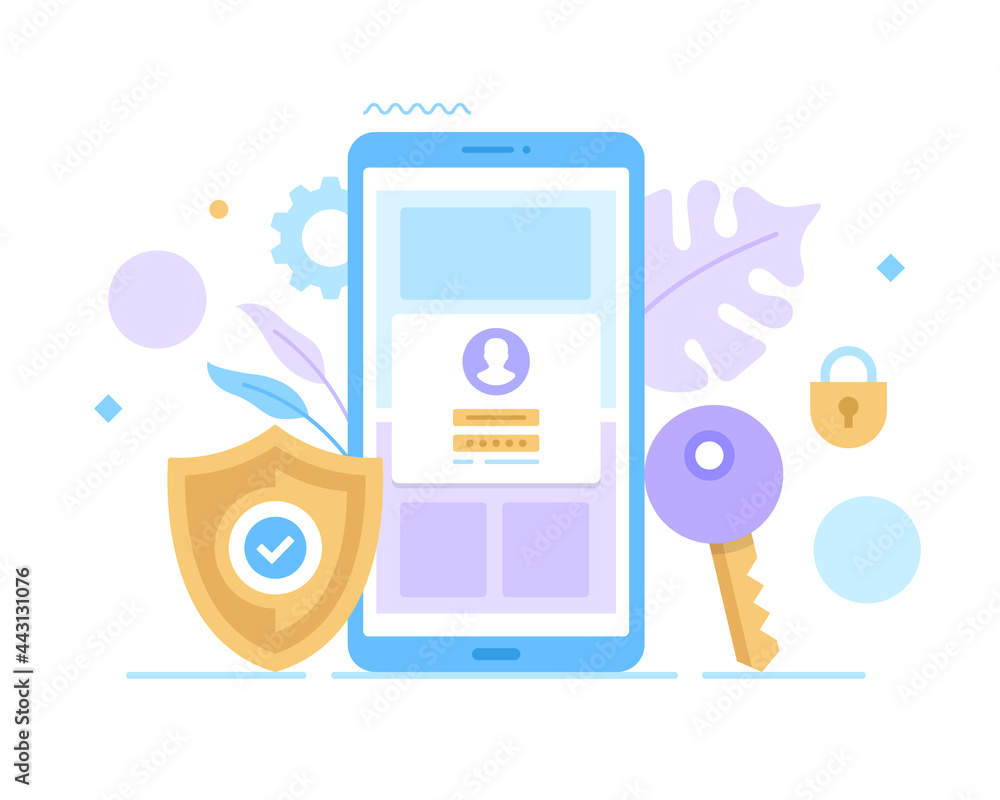 Poster sign in with your phone. login form on mobile phone screen, shield with check mark, lock and key. en