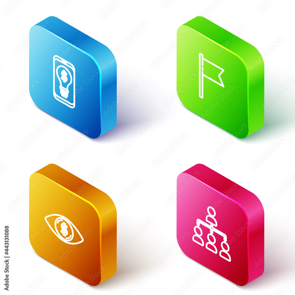 Poster set isometric line light bulb with dollar on mobile, location marker, eye and hierarchy organogram c