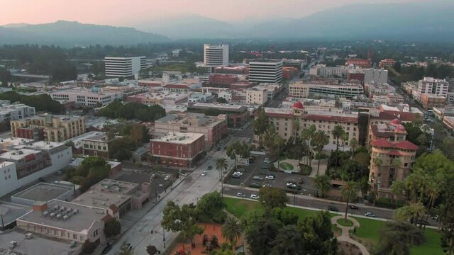 Aerial view of Downtown Pasadena and central park. Los Angeles, California, USA