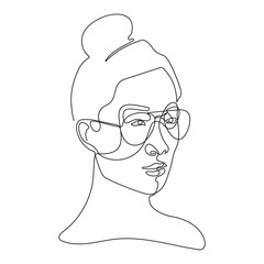 Stylish hand drawn one continuous line woman in sunglasses. Fashionable typography girl in minimalist style. Beauty sign. Attractive fashion model. Summer fashion