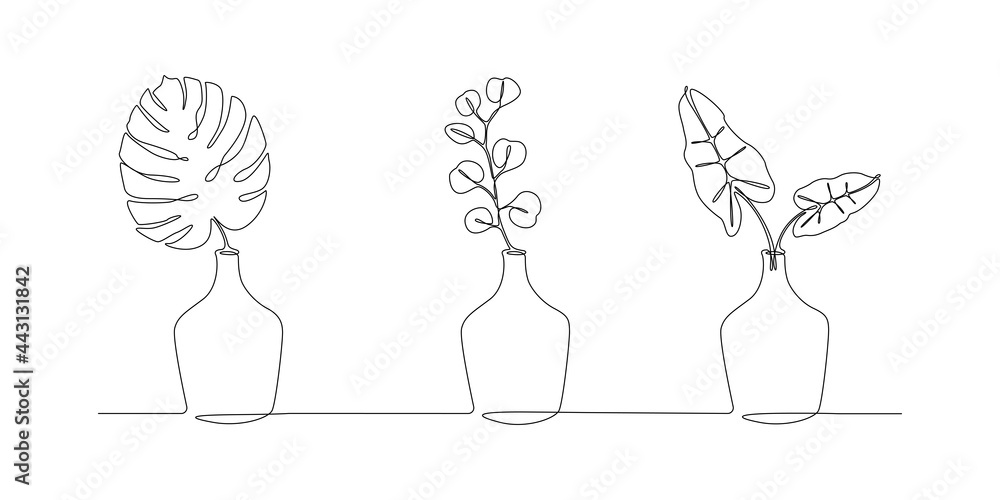 Aufkleber one continuous line drawing of leaves plants in vases. stylish scandinavian house flowers in simple 