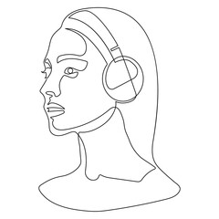 One continuous single drawn line art doodle headphone girl, music, head, beautiful, beauty, female, hair, sound, portrait, face, woman, audio, earphone. Isolated image hand drawn