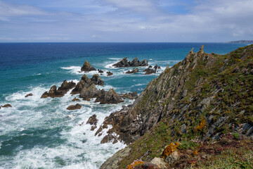 Landscape view of Bares and Ortegal cliff near Ortigueira in Coruña, Costa Artabra. Ocean and waves
