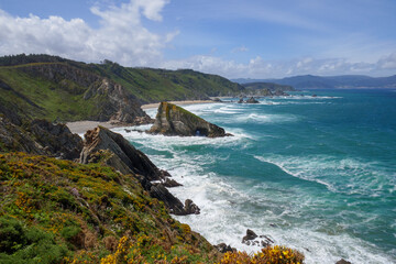 Landscape view of Bares and Ortegal cliff near Ortigueira in Coruña, Costa Artabra. Green scene