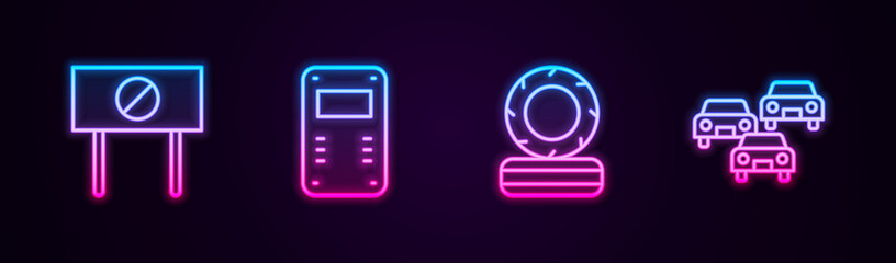 Set line Protest, Police assault shield, Lying burning tires and Traffic jam. Glowing neon icon. Vector