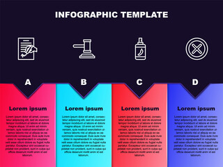 Set line Petition, Judge gavel, Pepper spray and X Mark, Cross in circle. Business infographic template. Vector