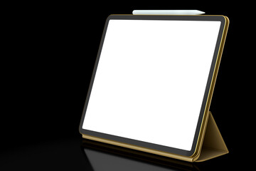 Computer tablet with gold cover case and pencil isolated on black background.