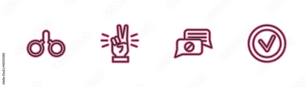Poster set line handcuffs, speech bubble chat, showing two finger and check mark round icon. vector
