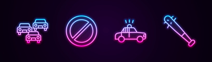 Set line Traffic jam, Ban, Police car and flasher and Baseball bat with nails. Glowing neon icon. Vector