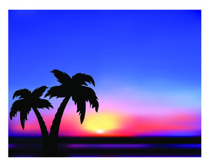 Sunrise. Tropical abstract landscape, silhouettes of palm trees.  Vector illustration.