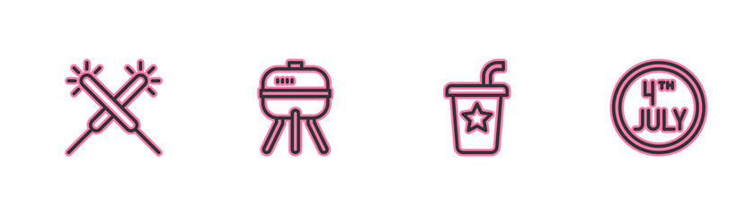Set line Sparkler firework, Paper glass with straw, Barbecue grill and Calendar date July 4 icon. Vector