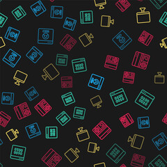 Set line Create account screen, Binary code, Computer monitor and Debugging on seamless pattern. Vector