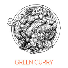 Chicken green curry, thai food. Hand drawn vector illustration. Sketch style. Top view. Vintage vector illustration.