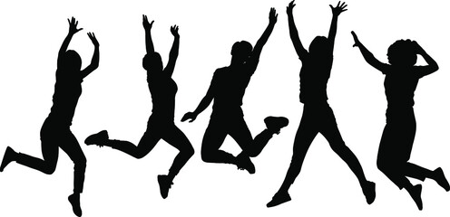 black and white vector female silhouettes for clipping, jumping people, activity and joy
