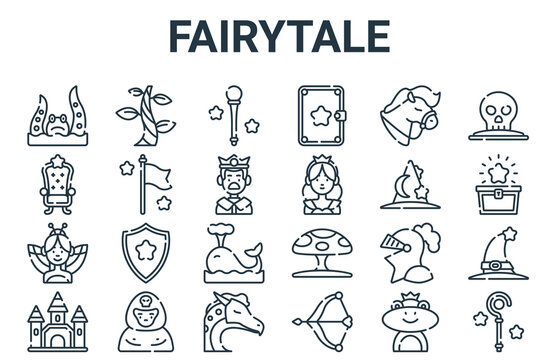 Linear Pack Of Fairytale Line Icons. Linear Vector Icons Set Such As Wizard, Palace, Wizard Hat, Horse, Magic Wand. Vector Illustration.