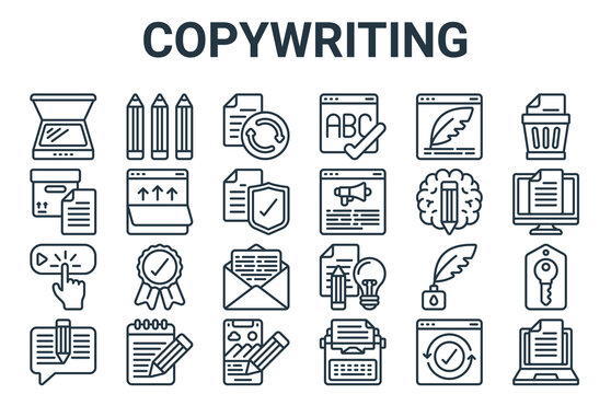 linear pack of copywriting line icons. linear vector icons set such as laptop, write message, creative writing, feather pen, update. vector illustration.