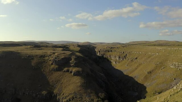 gordale scar near malham at yorkshire dales national park aerial drone shot