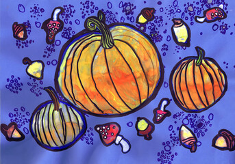 Pumpkins, flies and acorns on a purple background. Children's drawing, mixed technique