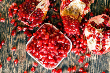 fresh pomegranate seeds on the kitchen table