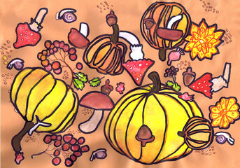 Autumn print with pumpkins and mushrooms. Children's drawing, mixed technique