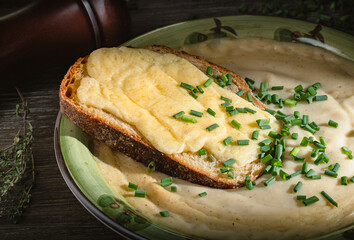 Cauliflower soup with a cheddar cheese toast.