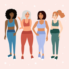 Set of multicultural women in sportswear. Female characters different ages. Flat style cartoon people. Healthy lifestyle. Love your body concept. Activity pregnant woman. Vector illustration.