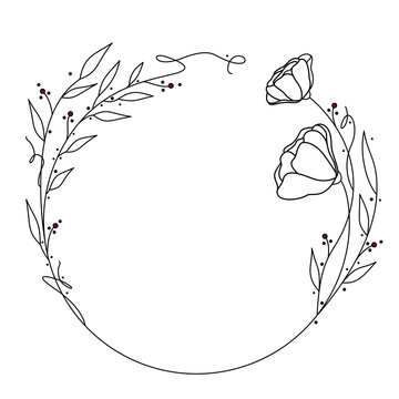 Okrągła kwiatowa ramka - kontury listk&oacute;w i kwiat&oacute;w z czerwonymi akcentami w postaci kropek. Wz&oacute;r na karty, voucher, życzenia i zaproszenia ślubne.