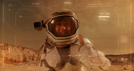Female astronaut recording video diary on Mars